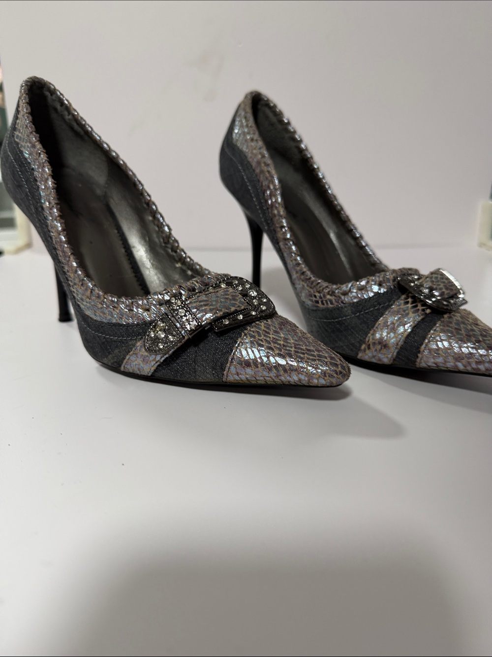 Metallic Gray Snakeskin-Accent Pointed Toe Stiletto Pumps